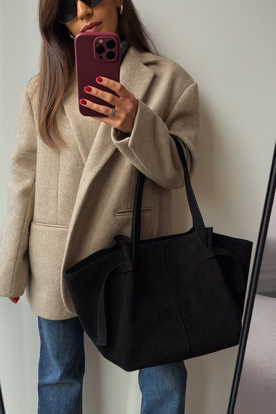 Siena Suede & Faux Leather Tote Bag &mdash; Black, 51&times;24&times;14 cm