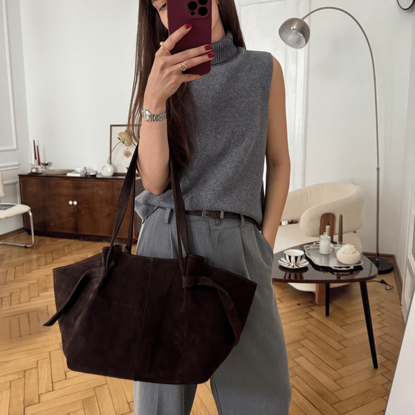 Siena Suede & Faux Leather Tote Bag &mdash; Chocolate, 51&times;24&times;14 cm